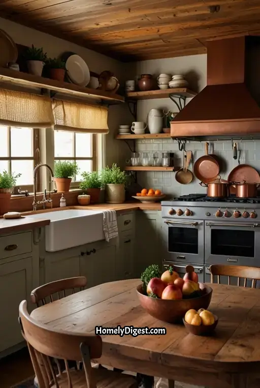 24. Rustic Farmhouse Kitchen with Copper Pots and Pans