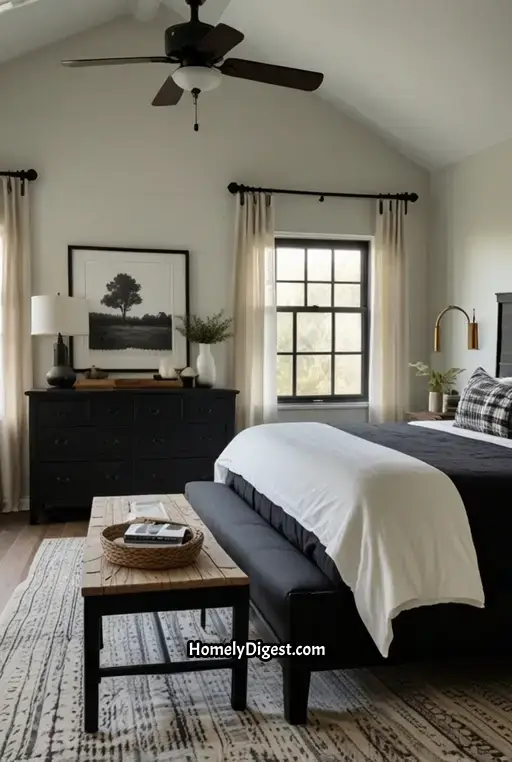 25. Modern Farmhouse Bedroom with Black and White Contrast