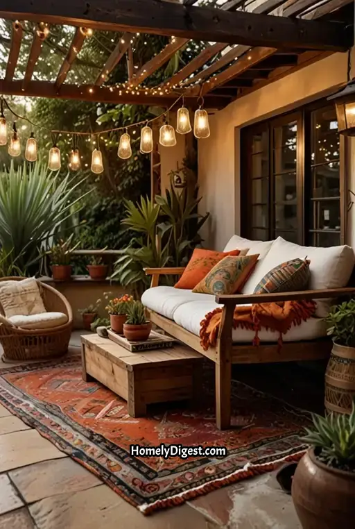 3. Boho Chic Patio with Colorful Cushions and Canopy