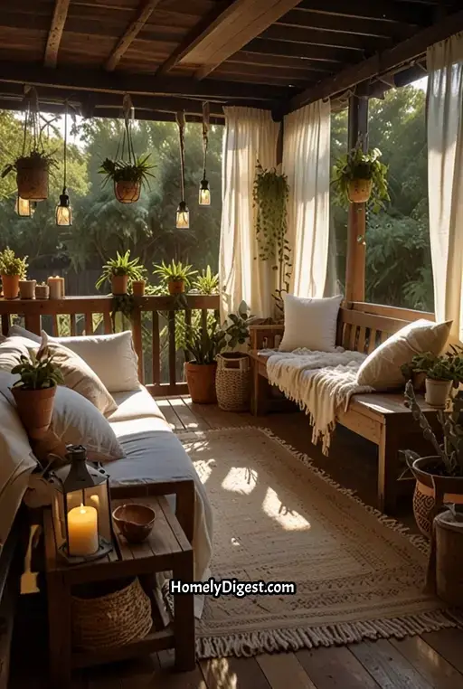 3. Rustic Boho Deck with Wooden Pergola
