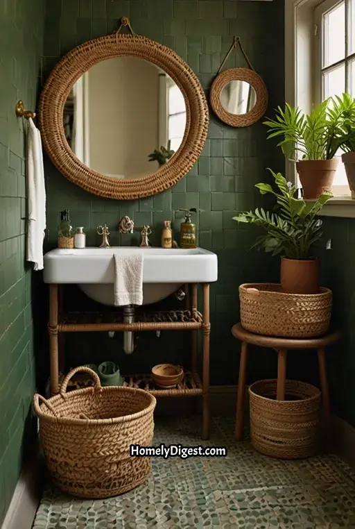 4. Green Tiled Boho Bathroom