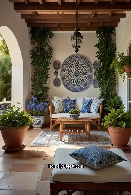 4. Mediterranean Style Patio with Blue and White Accents