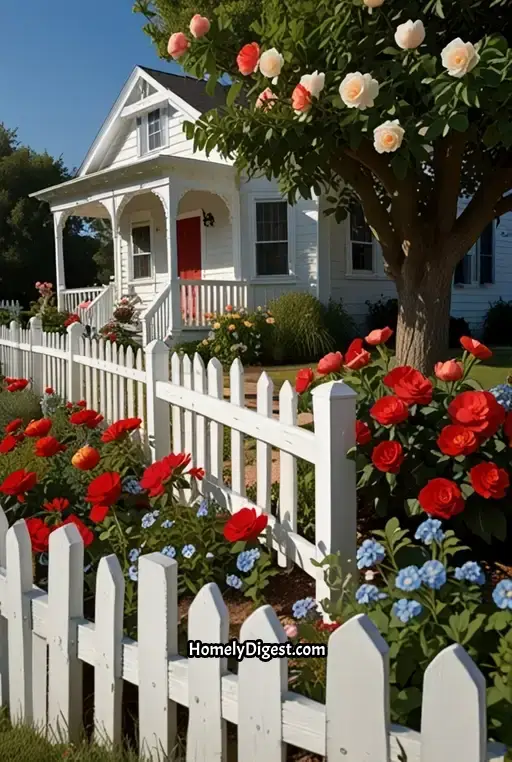 4. White Picket Fence with Floral Accents