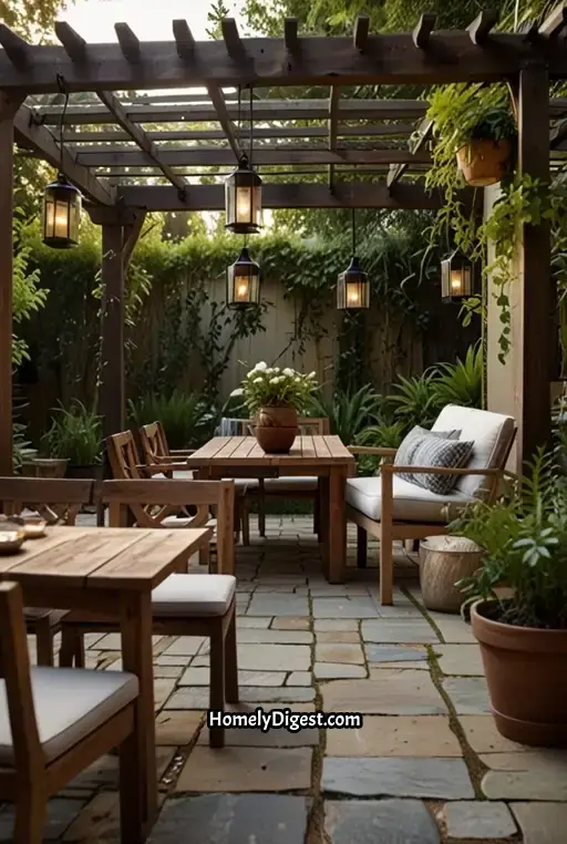 5. Rustic Patio with Wooden Pergola and Hanging Plants