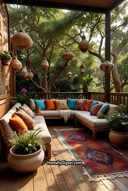 5. Stylish Boho Deck with Colorful Rugs