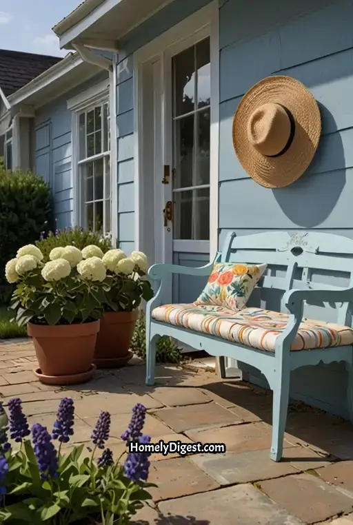 5. White Bench With Floral Cushions