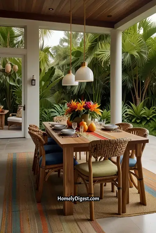 6. Tropical Boho Outdoor Dining with Palm Leaves