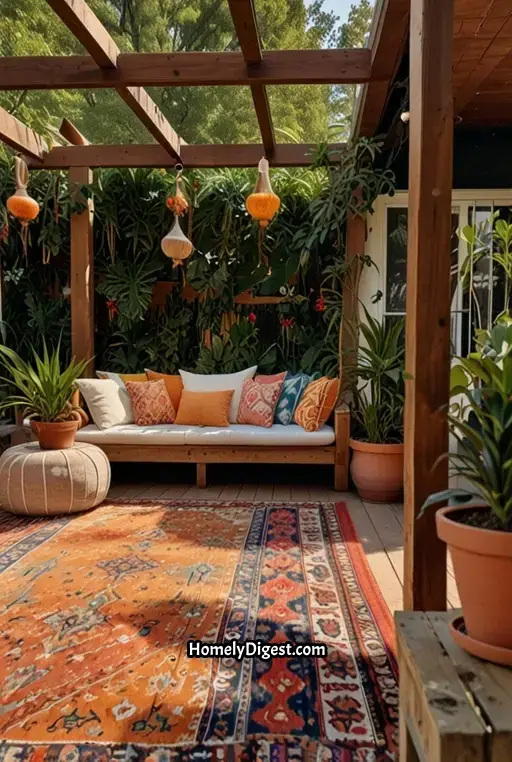 7. Boho Deck with Vibrant Pillows and Throws
