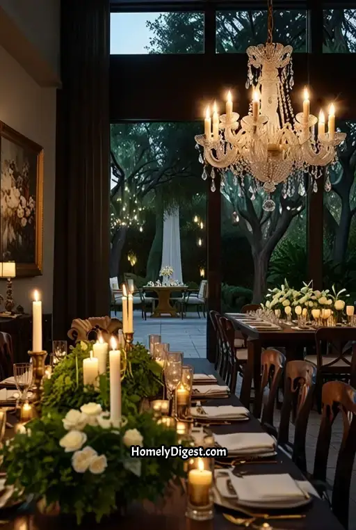 7. Glamorous Outdoor Dining with Crystal Chandelier