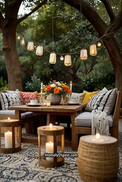 8. Boho Dining with Colorful Throw Pillows and Lanterns