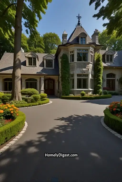 8. Circular Driveway with Lush Greenery and Tall Trees