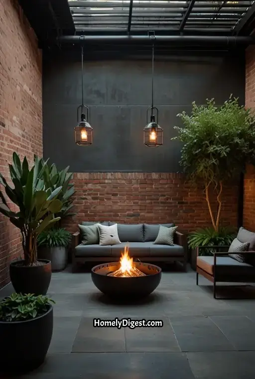 8. Industrial Patio with Exposed Brick Wall and Steel Furniture