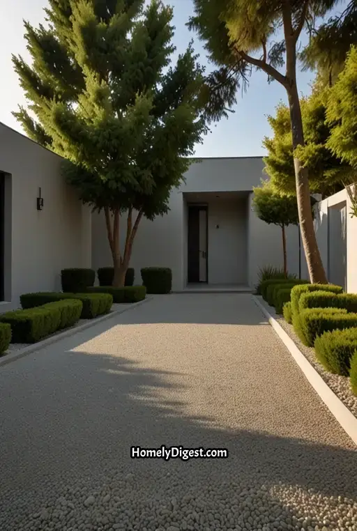 8. Minimalist Tree-Lined Driveway with Smooth Gravel Path