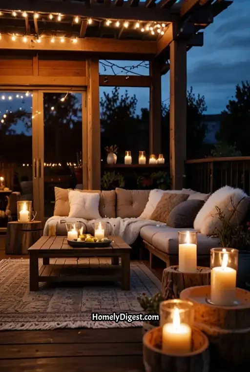 9. Cozy Patio with String Lights and Warm Throw Blankets
