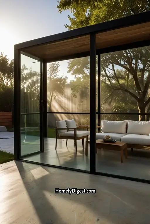 9. Glass Panel Fence with Modern Outdoor Seating