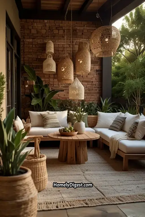 9. Rustic Boho Dining with Wooden Planks and Soft Cushions