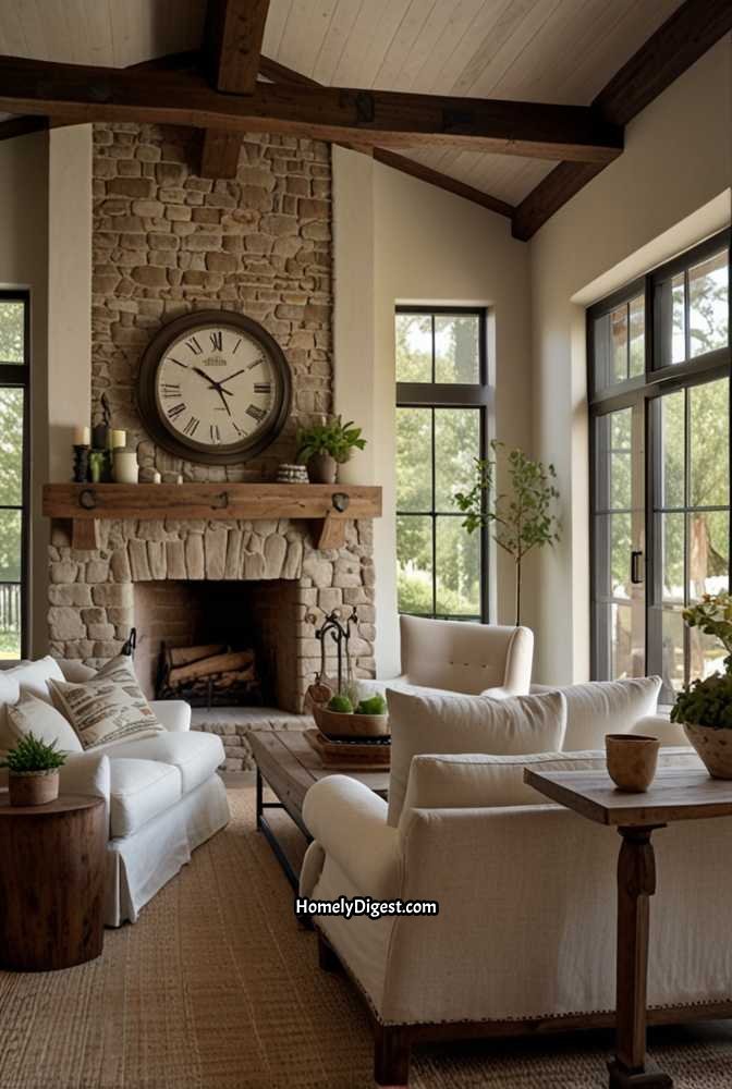 1. Cozy Farmhouse Living Room with Rustic Wood Beams