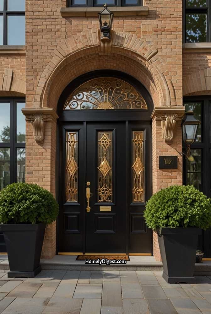 1. Elegant Black Front Door with Gold Accents