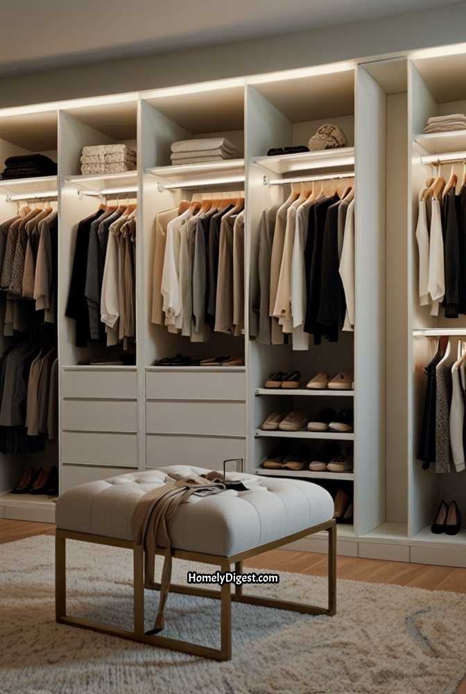 1. Sleek Minimalist Walk-In Closet with Built-in Shelving