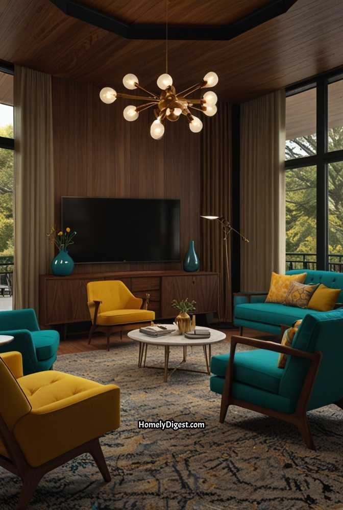 10. Mid-Century Modern TV Wall with Walnut Wood Panels