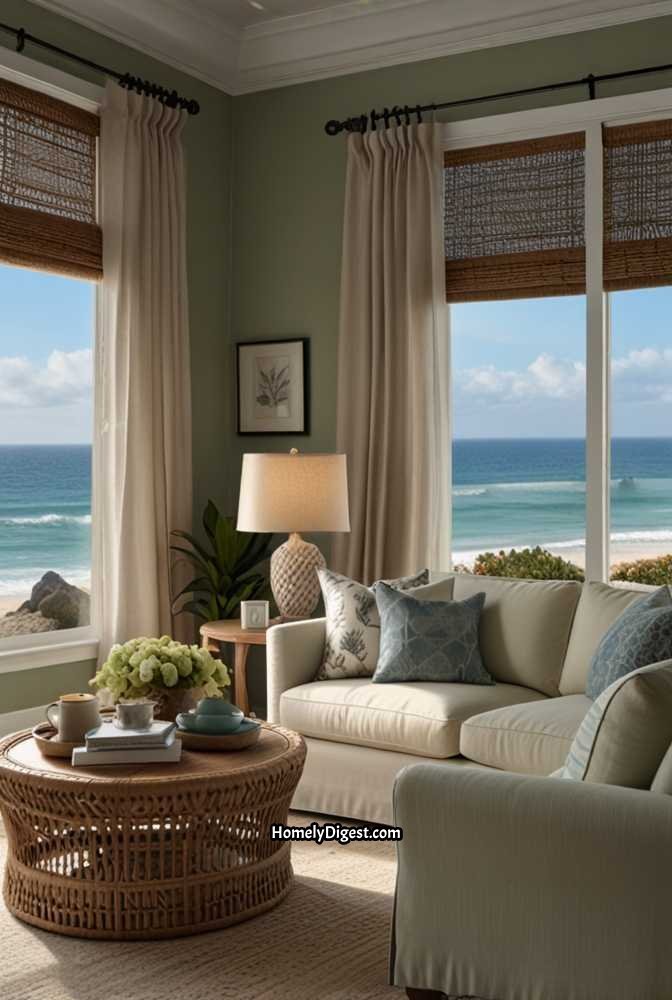 10. Sage Green Living Room with Coastal Vibes