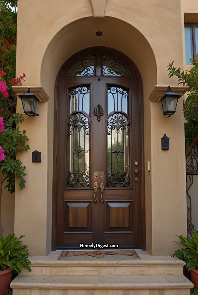 11. Arched Wooden Front Door with Mediterranean Flair