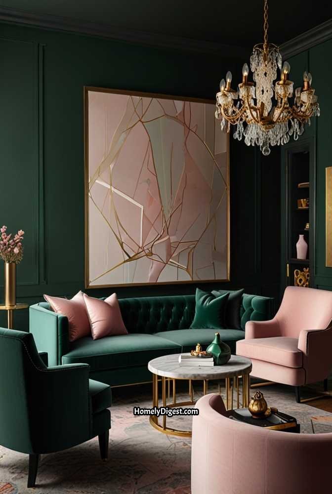 11. Sage Green Living Room with Art Deco Elegance