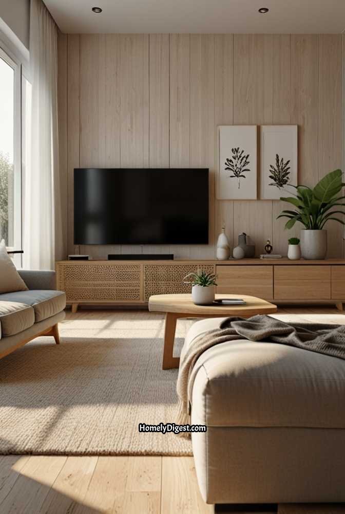 11. Scandinavian-Inspired TV Wall with Light Wood Accents
