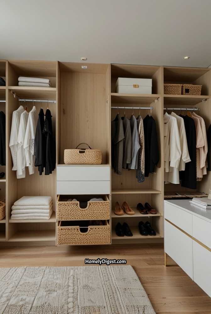11. Small Walk-In Closet with Floating Shelves and Hidden Storage
