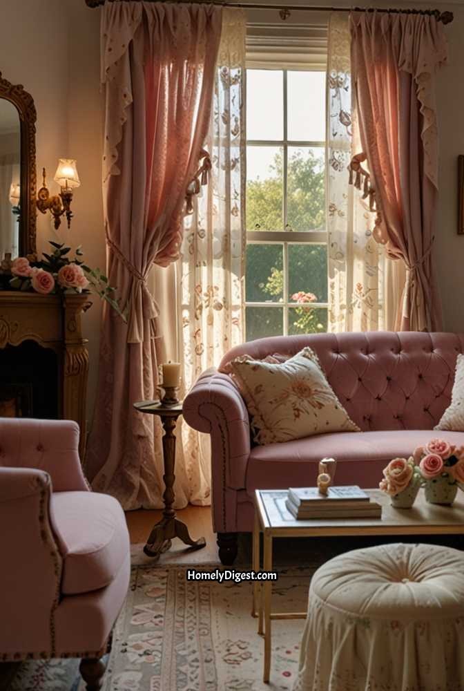 11. Vintage Inspired Cottagecore Living Room with Lace Accents