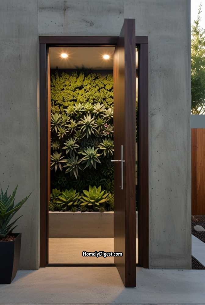 12. Modern Pivot Door with Wood and Glass Design