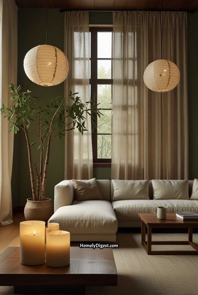 12. Sage Green Living Room with Japandi Aesthetic