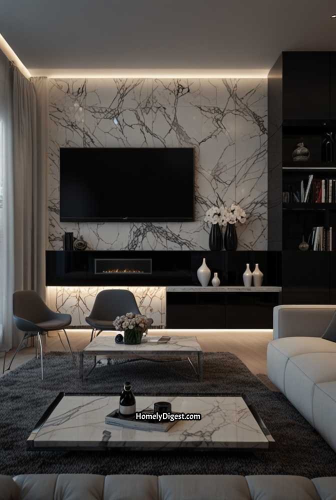 12. Ultra-Sleek High-Gloss Black TV Wall