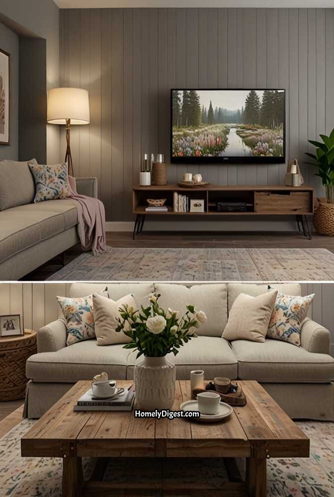 13. Cozy Cottage-Style TV Wall with Soft Pastels
