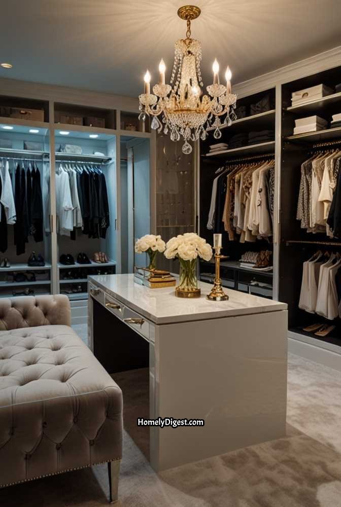13. Glamorous Walk-In Closet with Crystal Chandelier