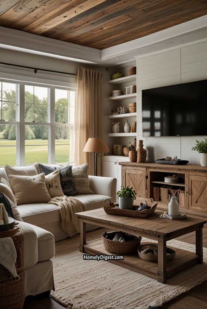 13. Rustic Farmhouse TV Wall with Barnwood Planks