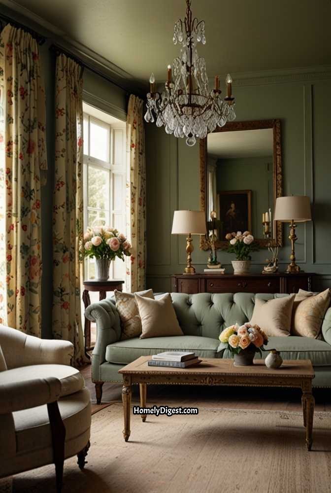 13. Sage Green Living Room with French Country Charm