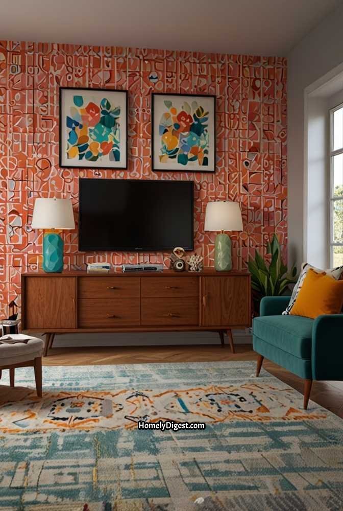 14. Eclectic TV Wall with Bold Wallpaper