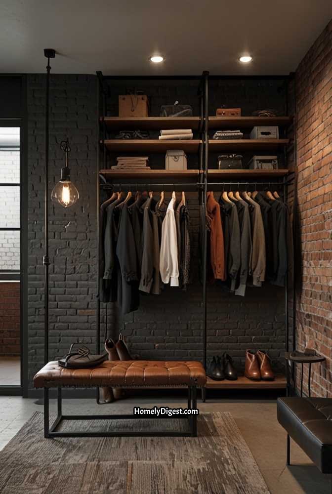 14. Industrial Walk-In Closet with Exposed Pipes and Dark Wood