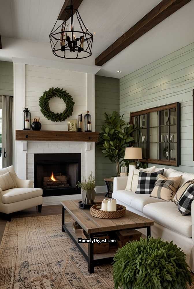 14. Sage Green Living Room with Modern Farmhouse Appeal