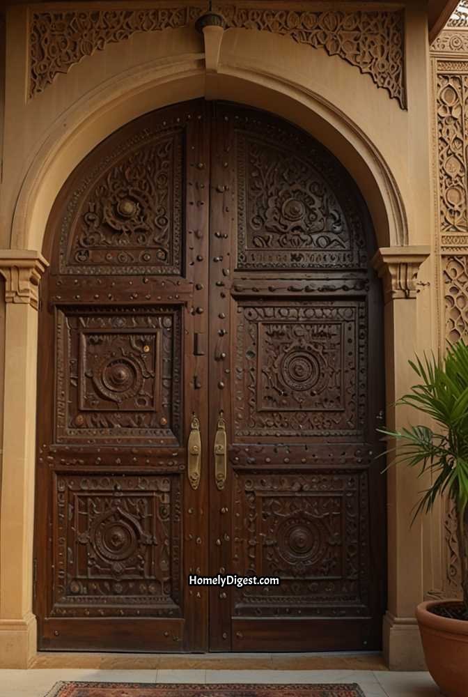 15. Carved Wooden Front Door with Indian-Inspired Design