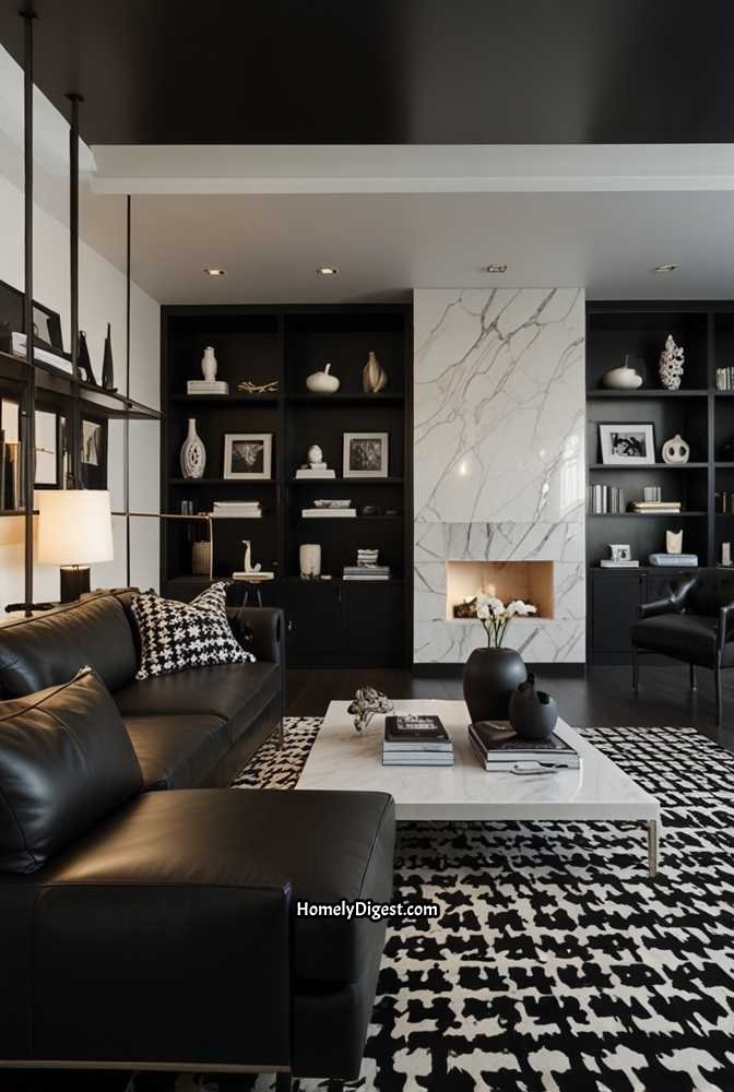 15. Monochrome Mid-Century Living Room with Black and White Accents