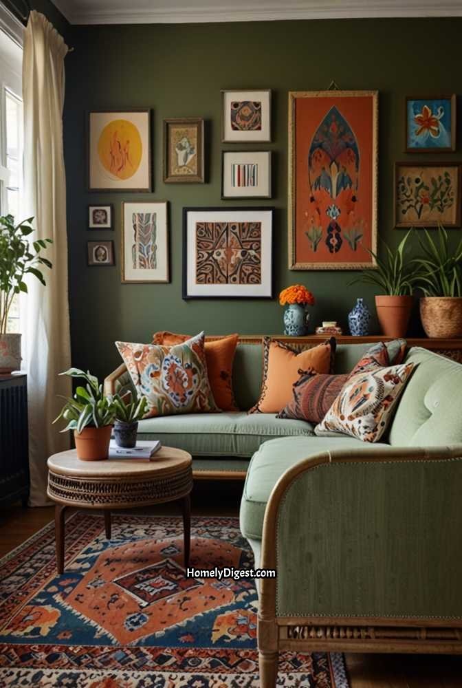 15. Sage Green Living Room with Eclectic Styling