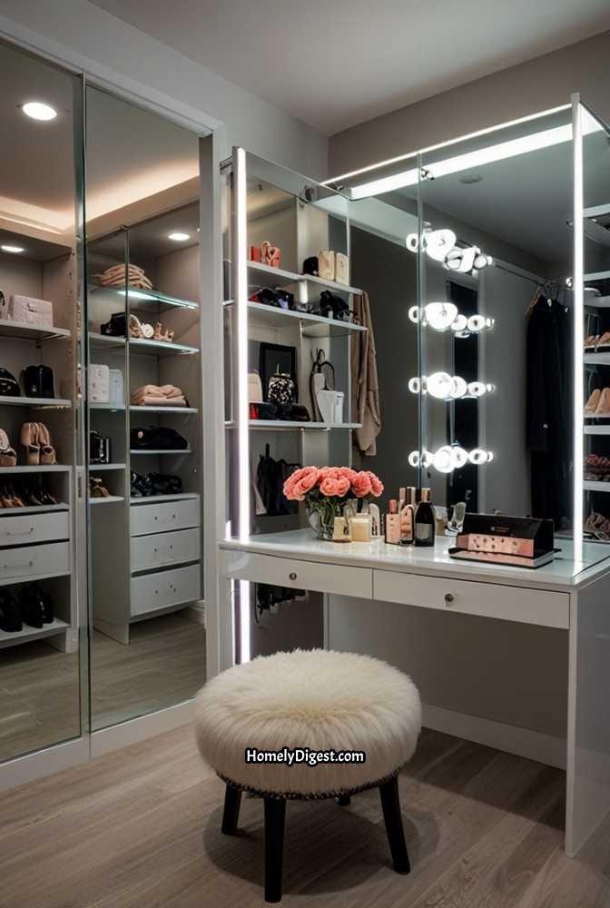 15. Small Walk-In Closet with Built-In Vanity