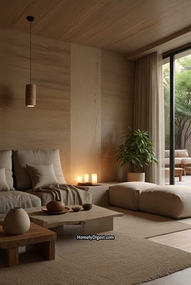 15. Zen-Inspired TV Wall with Natural Stone and Wood