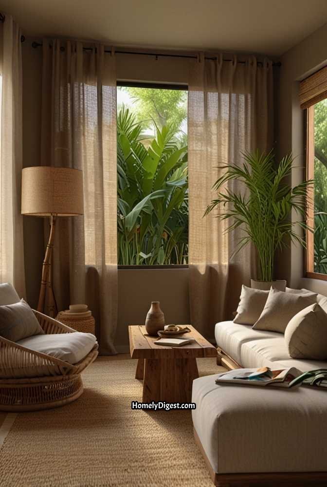 16. Bamboo Shades with Curtains for a Natural Look