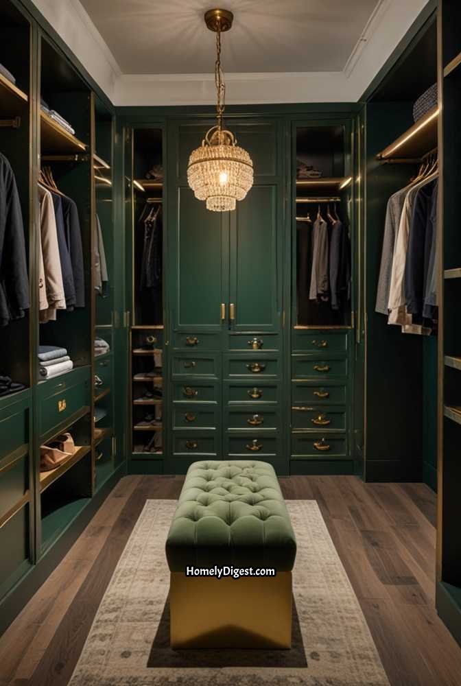 16. Stylish Walk-In Closet with Dark Green Cabinetry