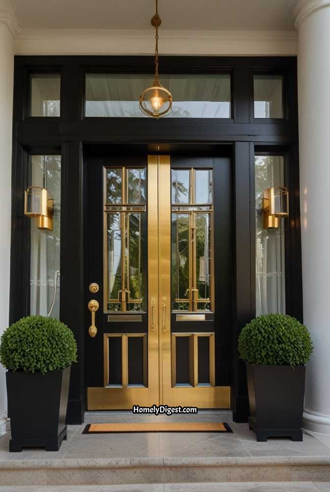 17. Black Paneled Front Door with Gold Accents