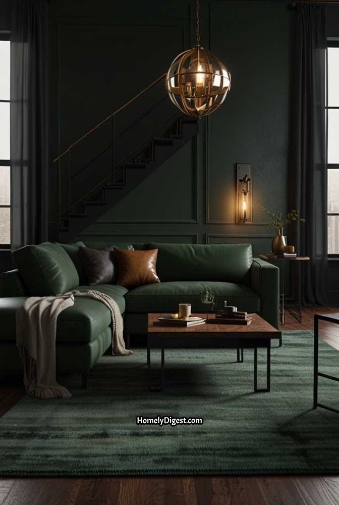 17. Sage Green Living Room with Moody and Dark Accents