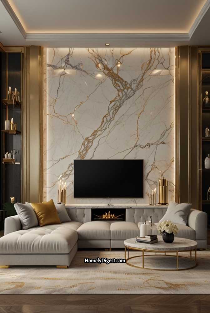 17. White Marble TV Wall with Gold Accents